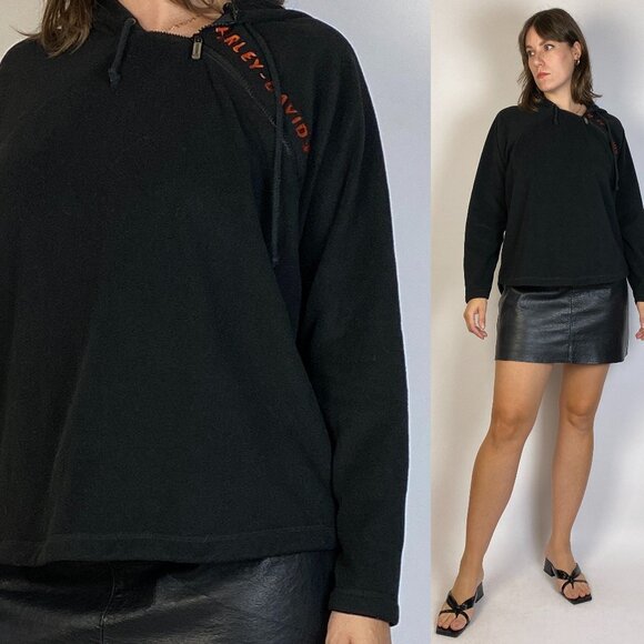 Vintage Y2K Authentic HARLEY DAVIDSON Fleece Asymmetrical Hoodie Medium to Large - Picture 1 of 12